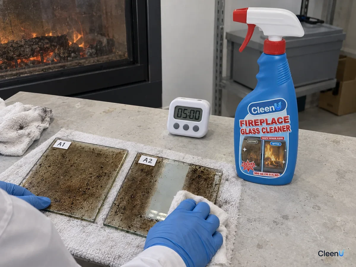 Lab bench: two coded heat-resistant glass panels with soot and creosote; one shows a clear stripe after fireplace glass cleaner and a short wait, beside CleenU Fireplace Glass Cleaner.
