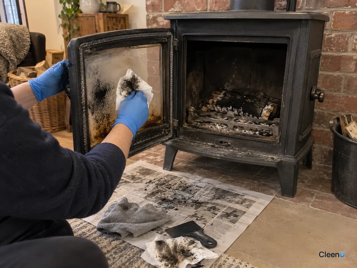 Newspaper spread before an open wood stove door; a blue nitrile-gloved hand wipes loose black soot off the inside of the glass with a paper towel, now gray-black, brown tar film still below.