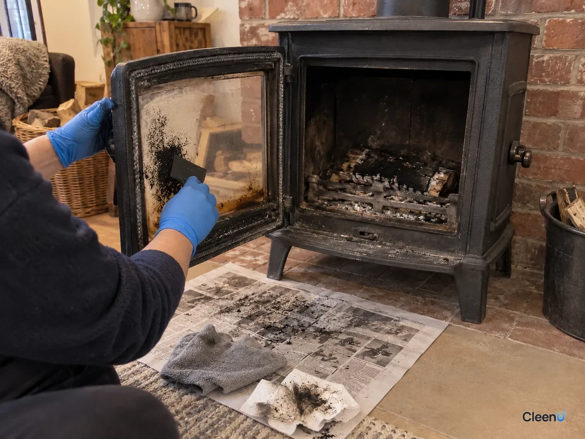 Same stove door: the blue-gloved hand works a soft scraper at a low angle over leftover tar spots, while the already wiped glass beside it shows the logs inside the firebox.