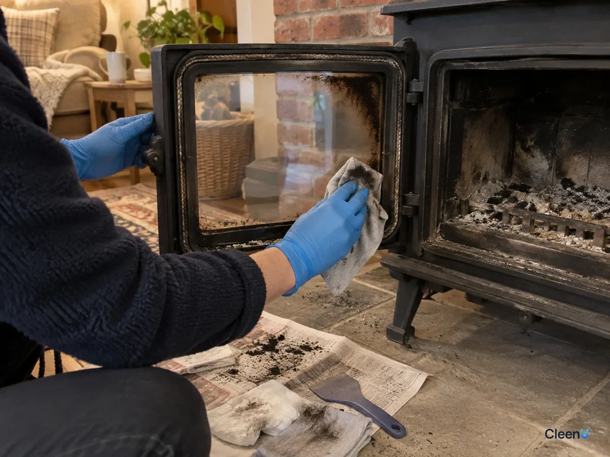 From a step back: a blue nitrile-gloved hand dries the stove glass corners with dry microfiber, gray marks on it, center clear, a little brown tar left at the corner, soot on the newspaper.