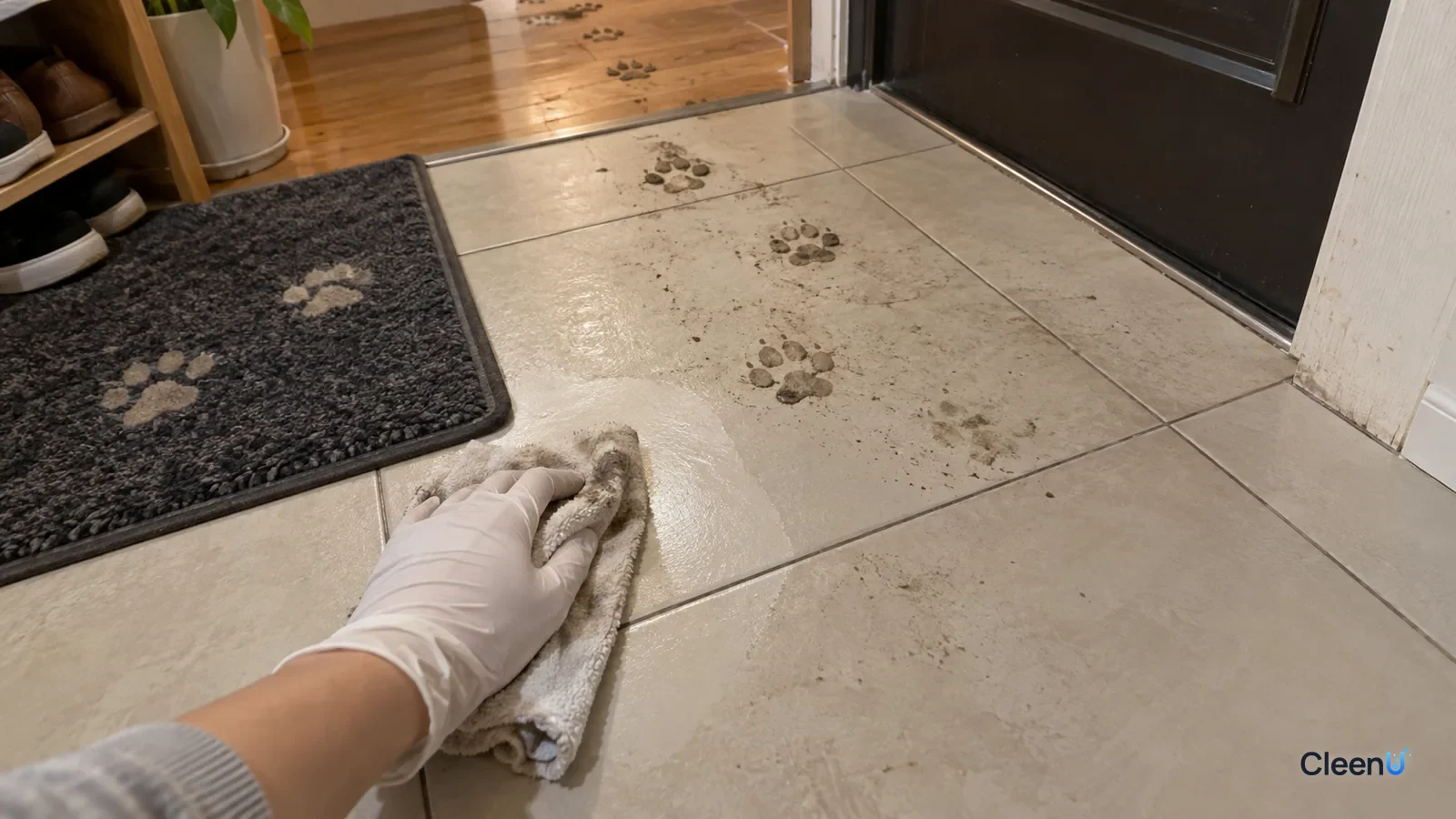 First-person close-up: a hand in white nitrile gloves wipes muddy paw prints off entry tile with a damp cloth; mud on the cloth, one patch clean, a trail of prints ahead, a mat beside.