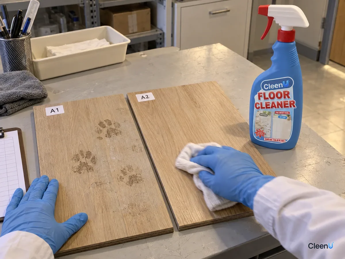 Lab bench with two wood-look floor panels with test codes and oily paw prints: one wiped with water leaves gray marks, one wiped with floor cleaner is clean, beside a bottle of CleenU Floor Cleaner.