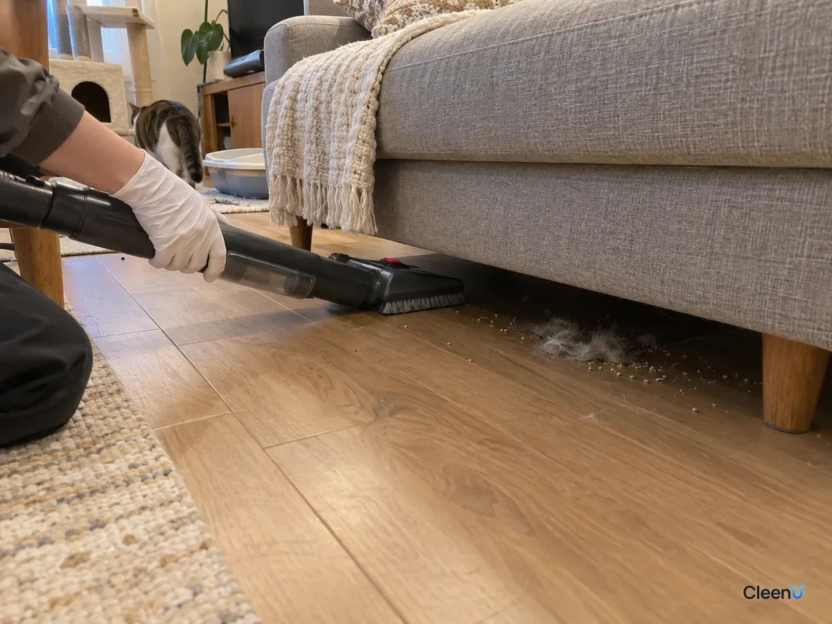 Living room floor: a hand in white nitrile gloves runs a vacuum with a pet-hair head under the sofa, picking up cat hair and stray litter, a clump of hair still beside it.