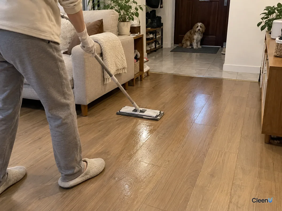 Same living room later: a hand in white nitrile gloves pushes a barely damp flat mop over the vacuumed floor, a faint damp sheen on the strip, the pet waiting on a mat outside the doorway.