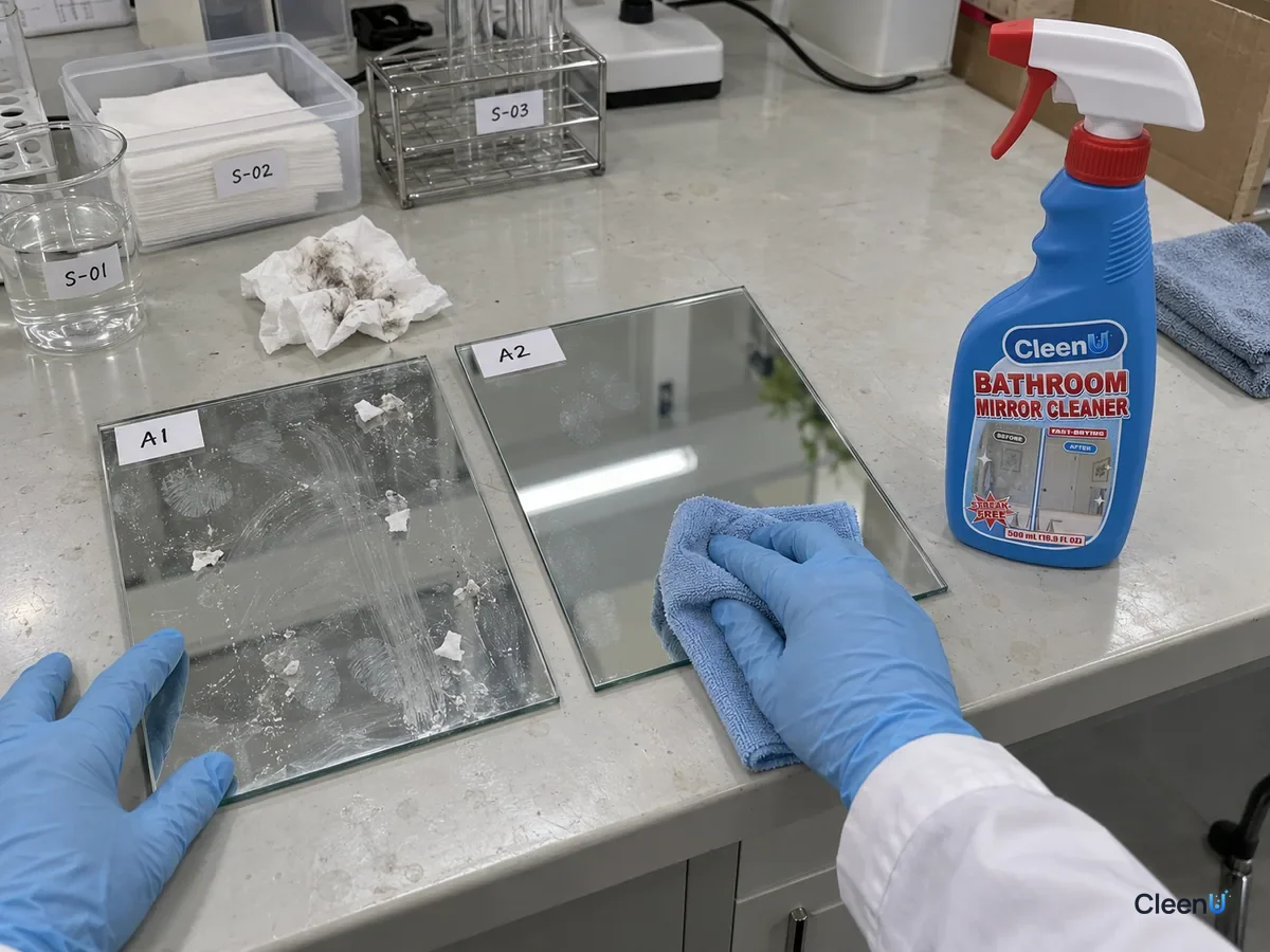 Lab bench: two coded glass panels with oily prints, one smeared with lint after tissue, one clear after microfiber and glass cleaner, beside CleenU Bathroom Mirror Cleaner.