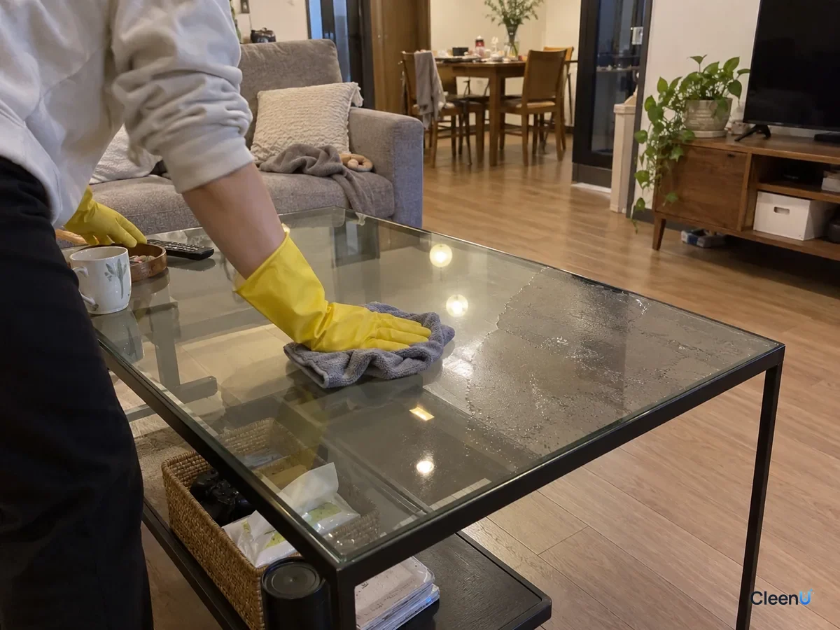Yellow rubber-gloved hand buffing a glass coffee table one way with a dry microfiber cloth, the buffed half clear, the other half still with damp streaks