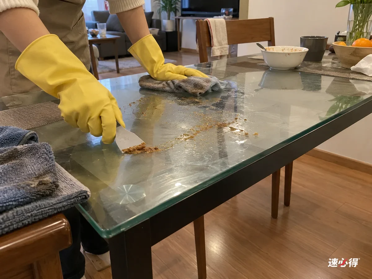 戴黄色橡胶手套的手用软刮片低角度刮玻璃餐桌上干掉的酱汁，刮下一小条残渣，旁边敷着一块湿抹布软化另一处污迹