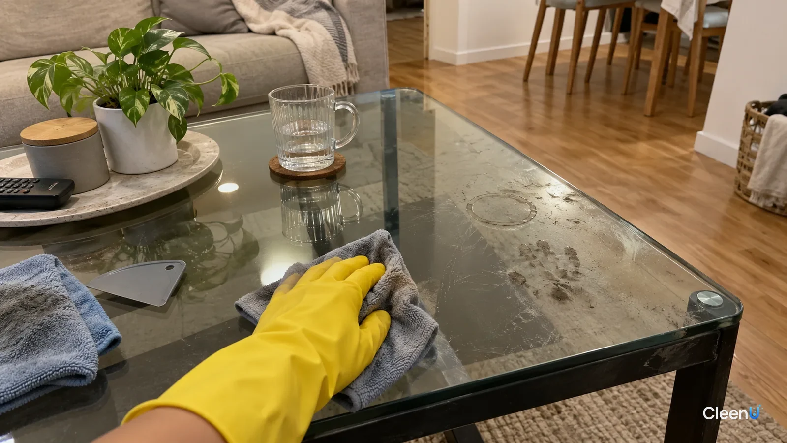 Yellow rubber-gloved hand wiping cup rings and small handprints off a glass coffee table with a damp microfiber cloth, grey on the cloth, half clear, half still ringed