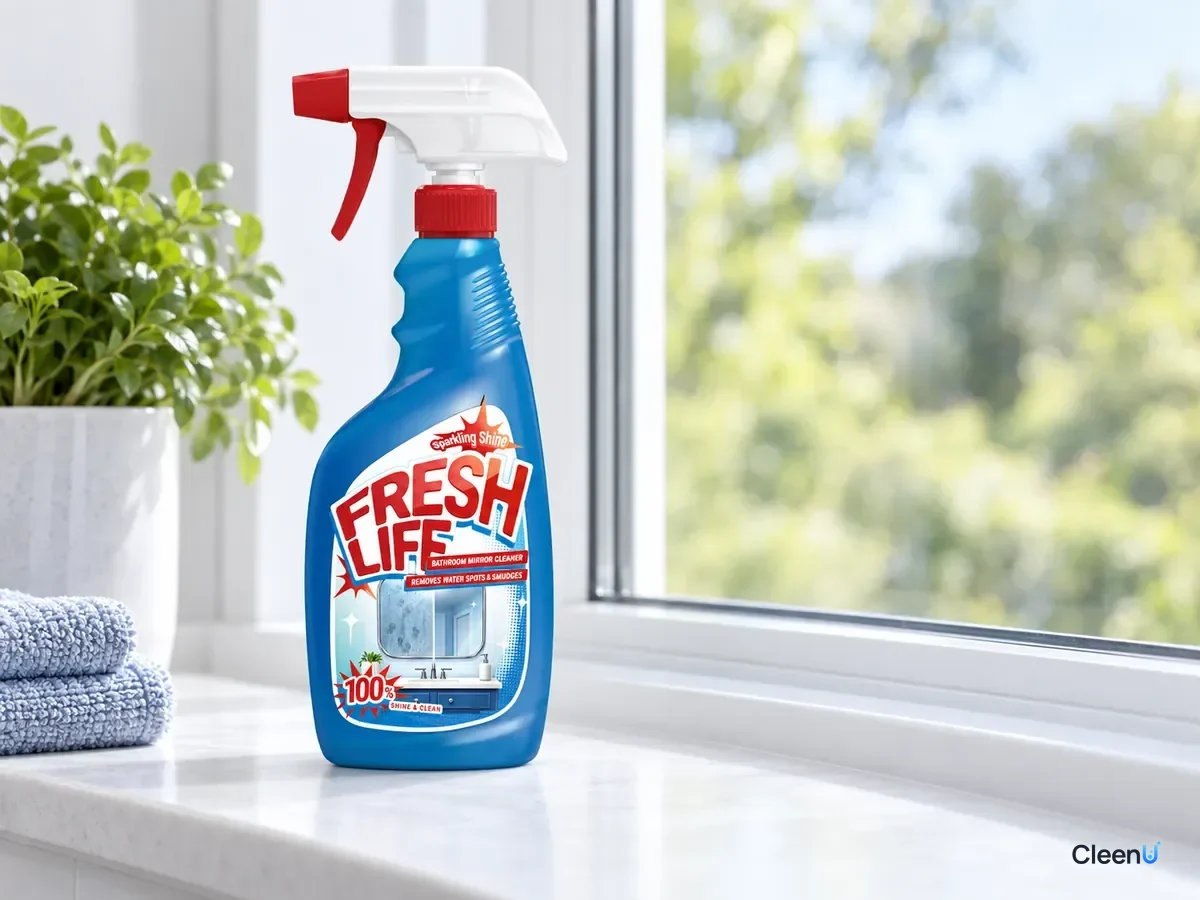 AI illustration: CleenU Bathroom Mirror Cleaner on a windowsill in front of a clear window