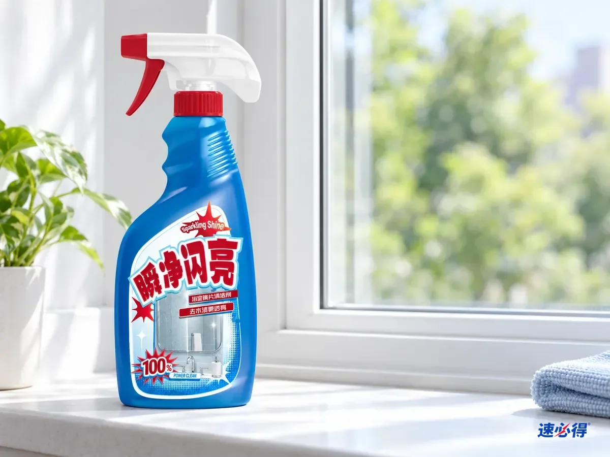 AI 示意图：速必得浴室镜片清洁剂放在窗台上，背景是透亮的窗户