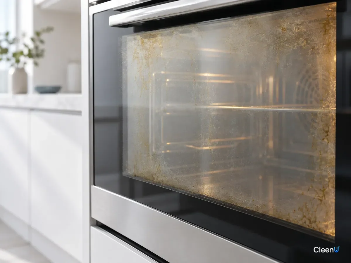AI illustration: An oven door window with a greasy film in a modern kitchen
