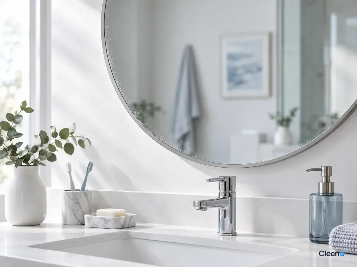 AI illustration: A round bathroom mirror above a white sink