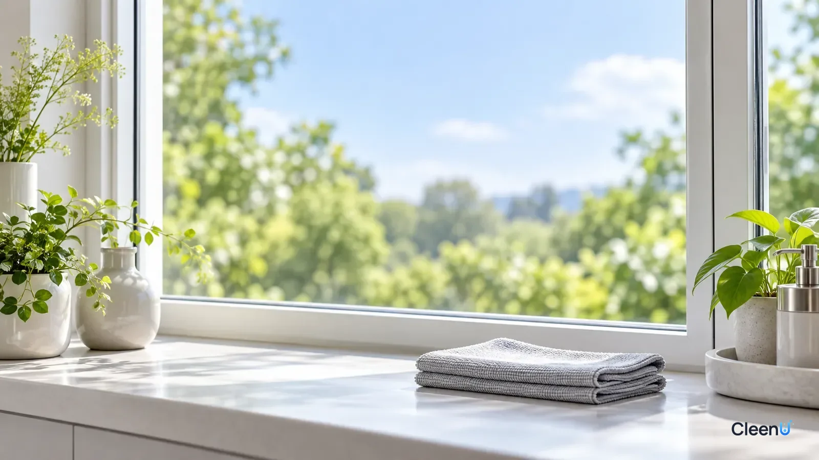 AI illustration: A sparkling clean window in soft daylight with a microfiber cloth on the sill