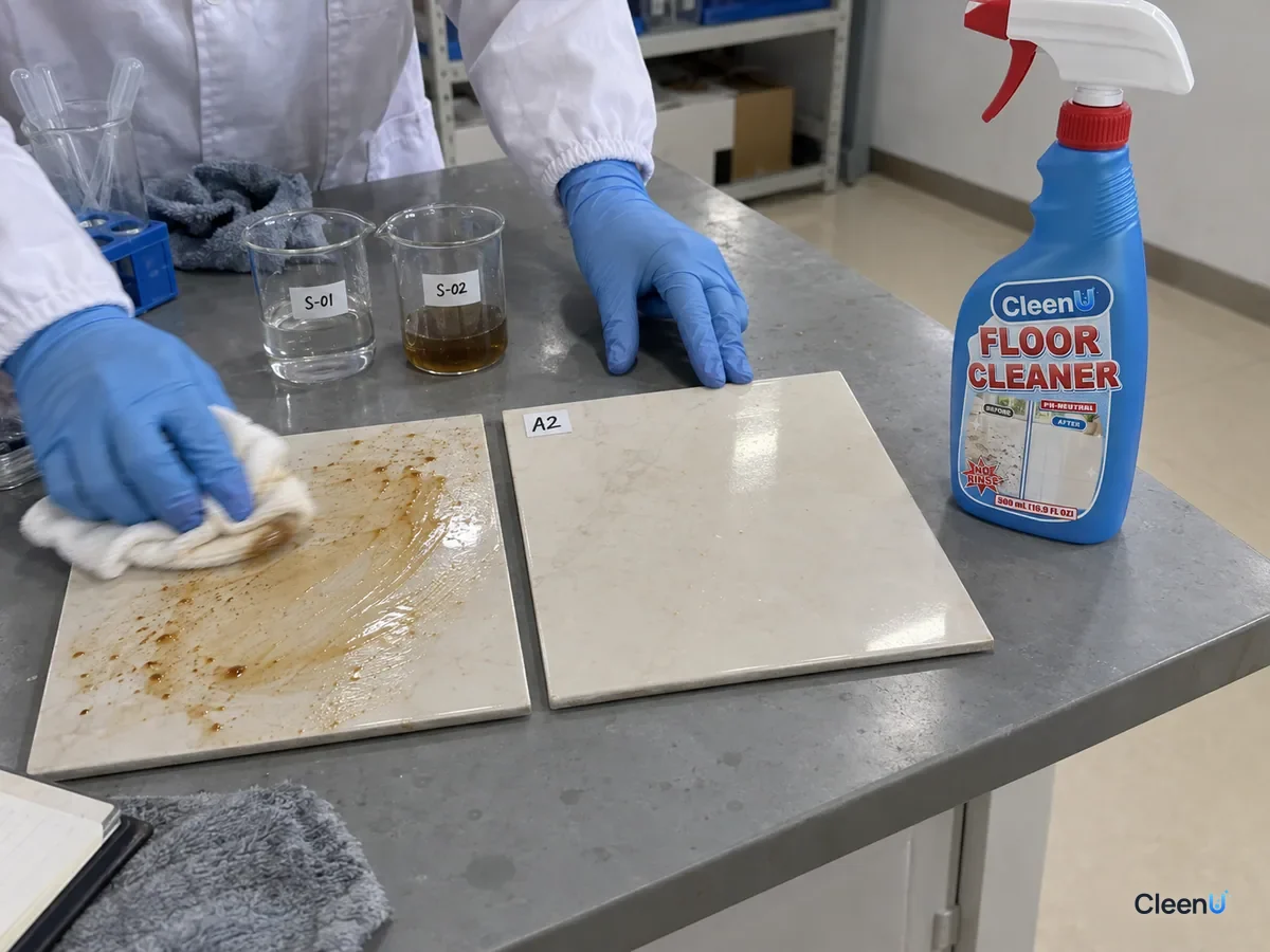 Lab bench: two coded greasy tile panels, one smeared after plain water, one clean after floor cleaner, compared in side light beside CleenU Floor Cleaner.