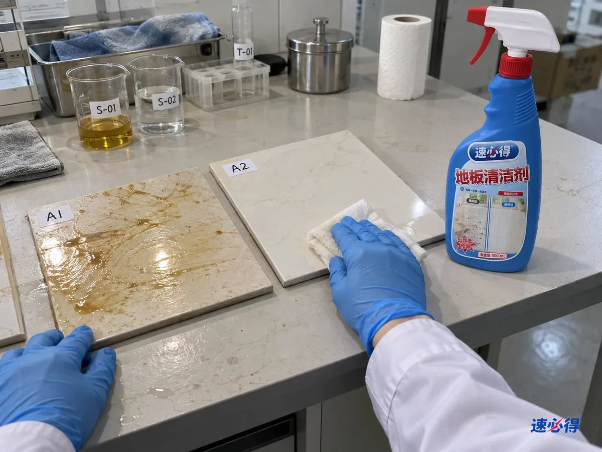 实验台上两块贴着不同测试编号的瓷砖样板，都涂了油，一块用清水拖过后油被抹开发亮，另一块用地板清洁剂拖过后干净，技术人员侧光比较，台面上放着一瓶速必得地板清洁剂。