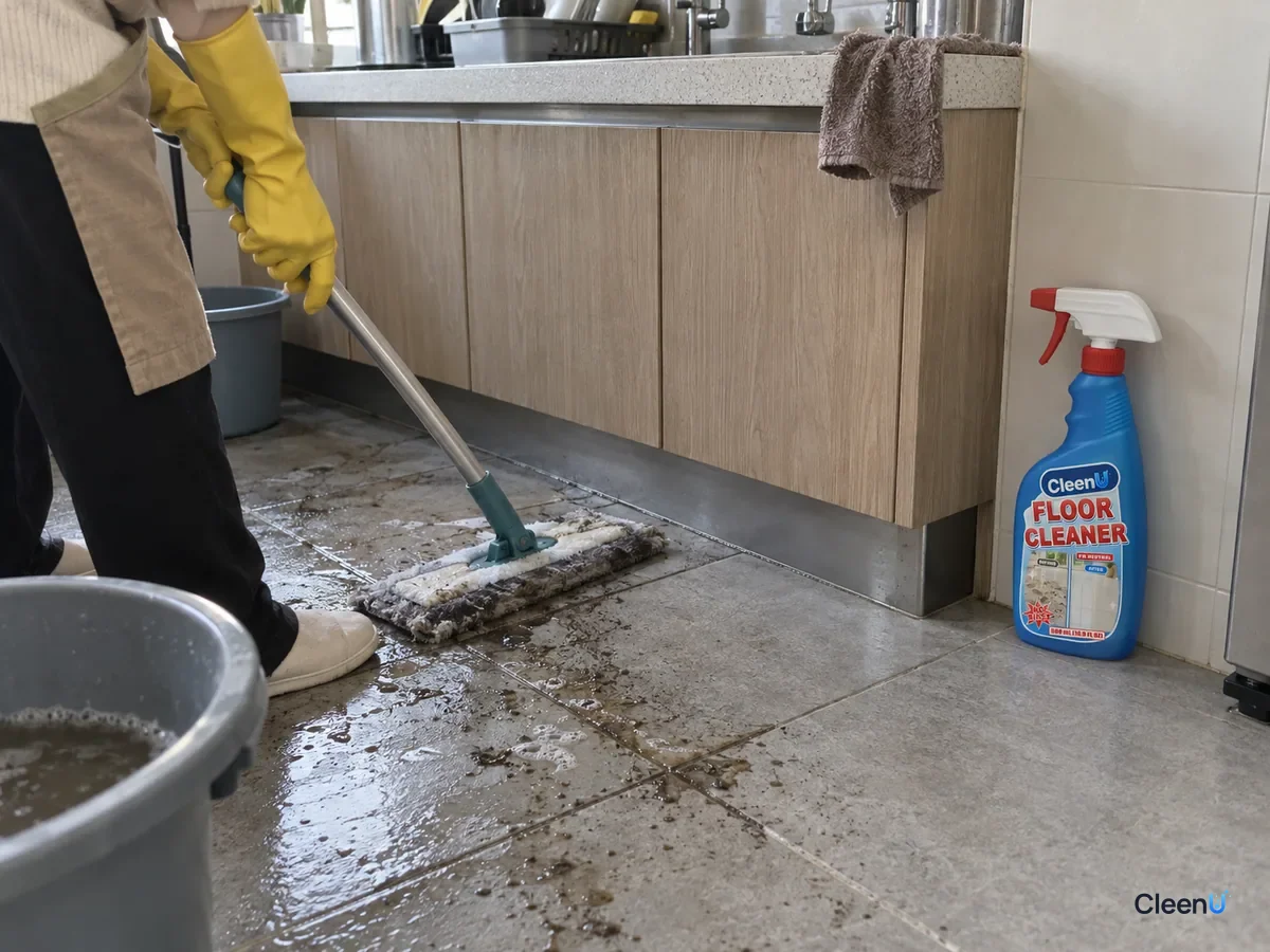 Person half-bent in yellow rubber gloves mopping in front of the sink, grey water lifting from grout, the mopped area no longer shiny, a capped CleenU Floor Cleaner by the wall