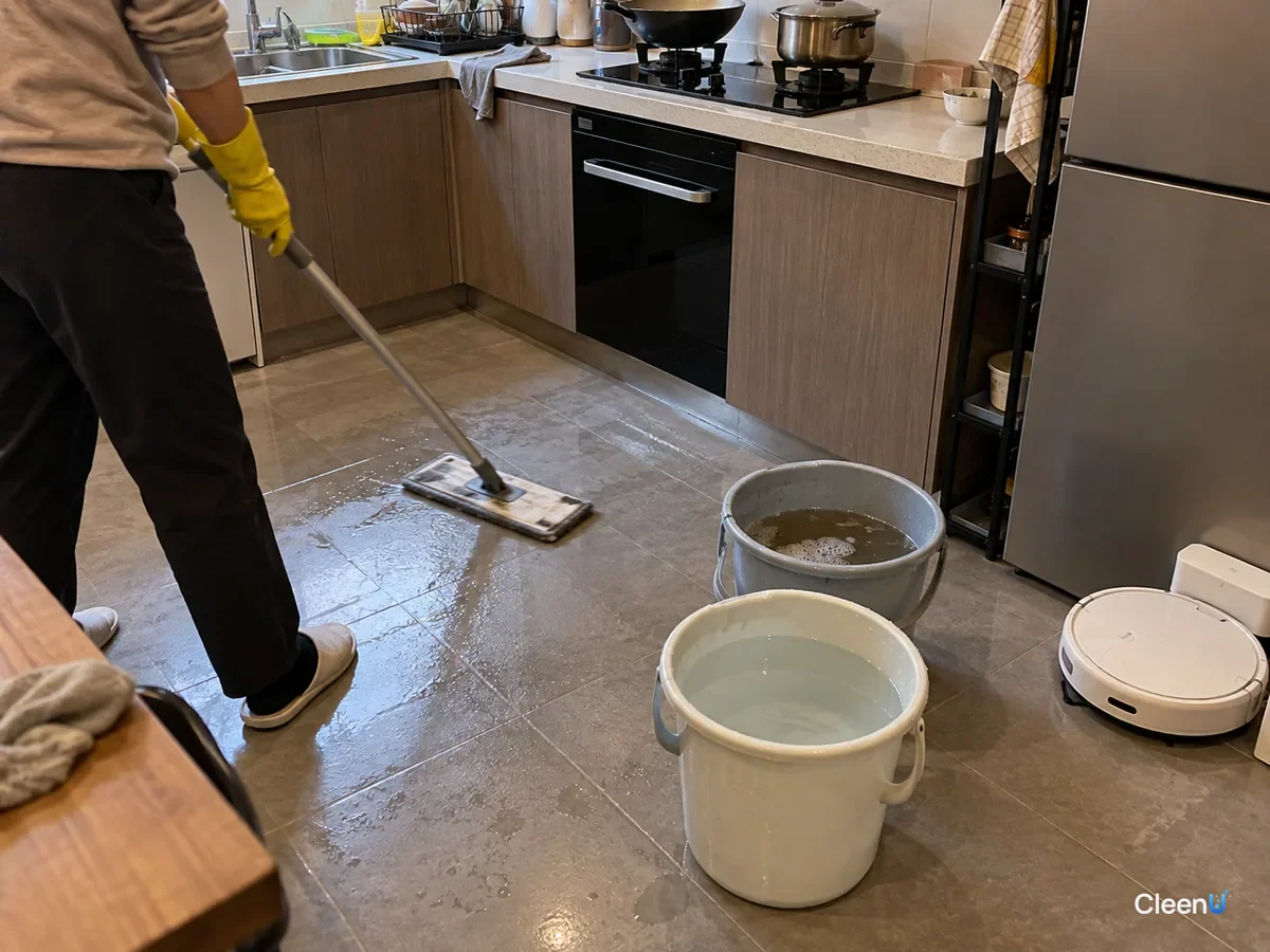 Same kitchen later: yellow-gloved hands pushing a wrung-out mop over the stove-front tiles with clean water, one fresh bucket beside a bucket of murky grey water