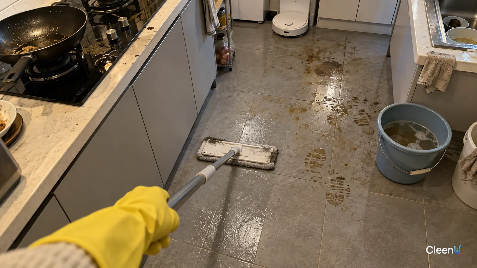Yellow rubber-gloved hand pushing a flat mop over greasy tile by the stove, grey-black grease on the pad edge, one matte clean strip beside oily footprints
