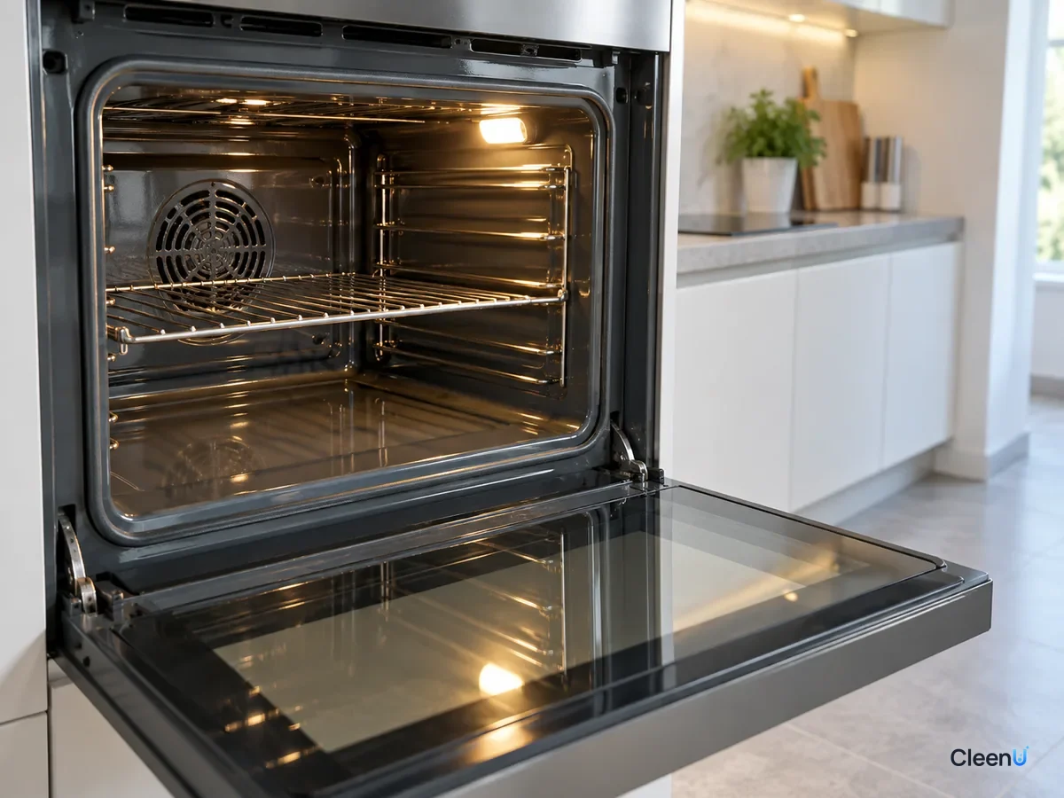 AI illustration: A cleaned oven interior with the walls and floor restored and the racks back in place