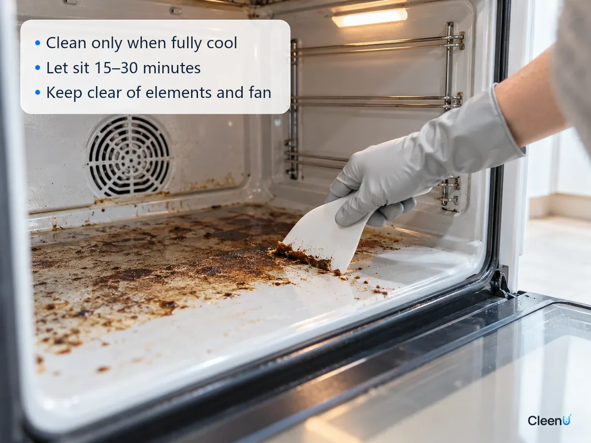 AI illustration: A hand in a rubber glove lifting softened baked-on grease off an oven floor with a plastic scraper
