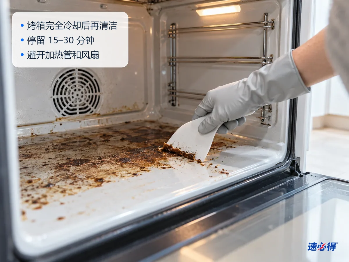 AI 示意图：戴橡胶手套的手用塑料刮板刮起烤箱底板上已经软化的焦垢