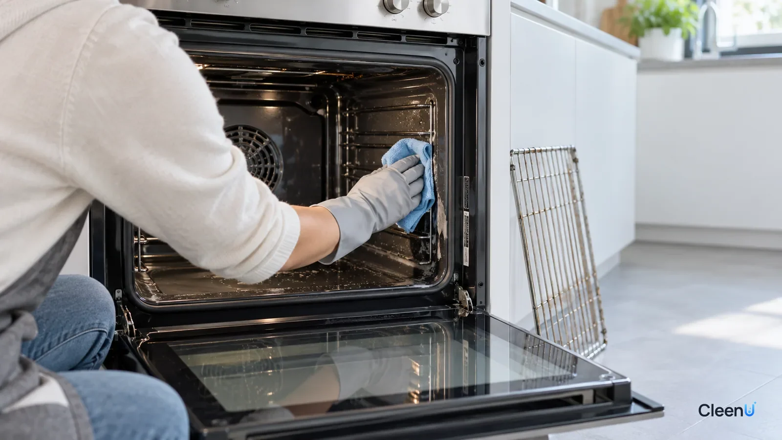 AI illustration: A person in gloves crouching at an open oven wiping the inside, with the racks already removed
