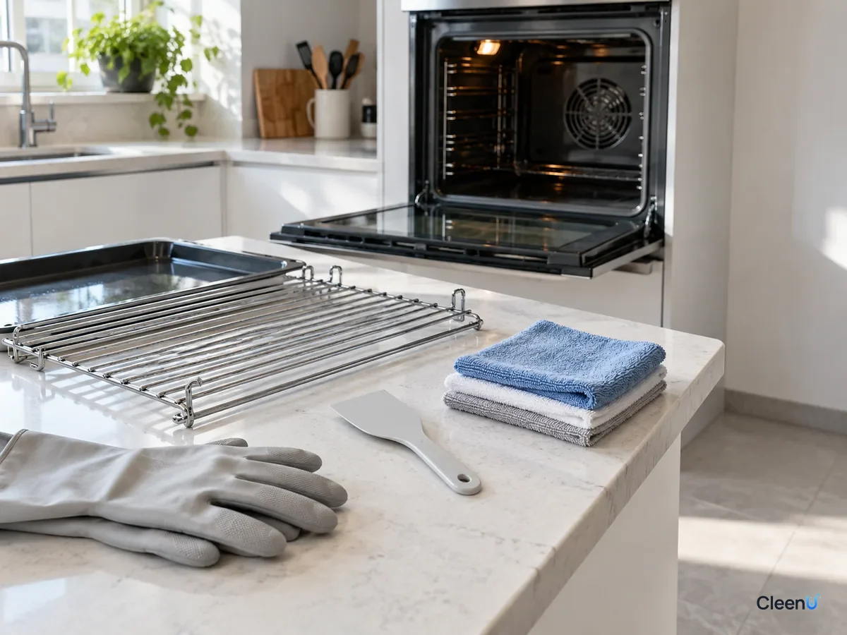 AI illustration: Oven racks removed and set beside an open oven with a plastic scraper, damp cloths and rubber gloves
