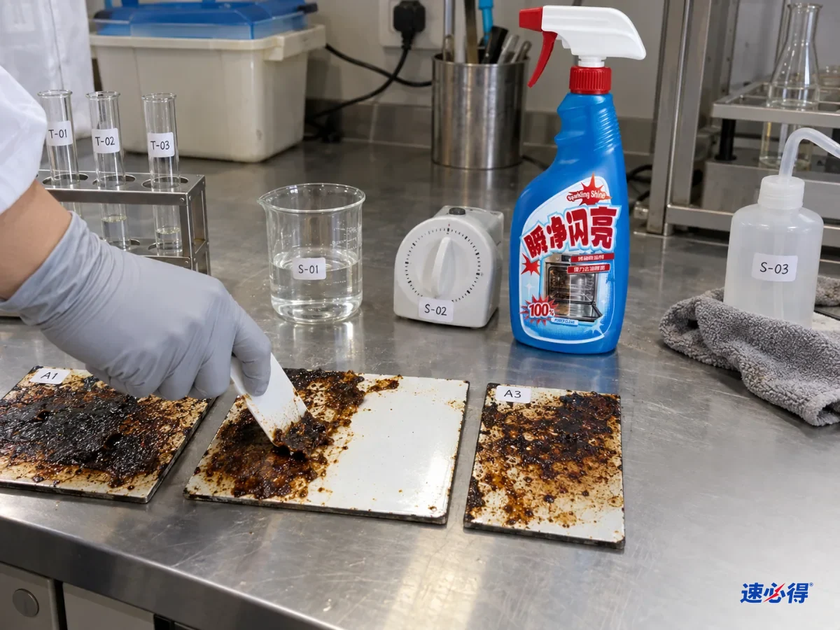 AI 示意图：戴手套的手用刮片处理深色搪瓷样板上的棕色污渍
