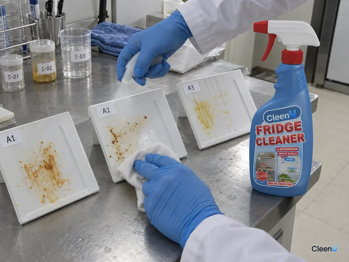 Lab bench: coded fridge liner plastic samples with dried soup marks; a technician sprays fridge cleaner, waits, and wipes them clean, beside CleenU Refrigerator Cleaner & Deodorizer.