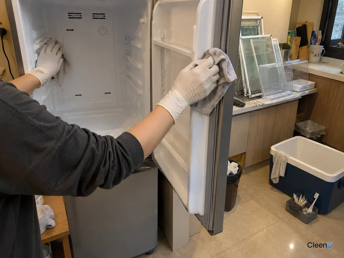 Same fridge later: white-gloved hand drying the liner and door gasket with a dry cloth, no water marks left, shelves removed and drying nearby