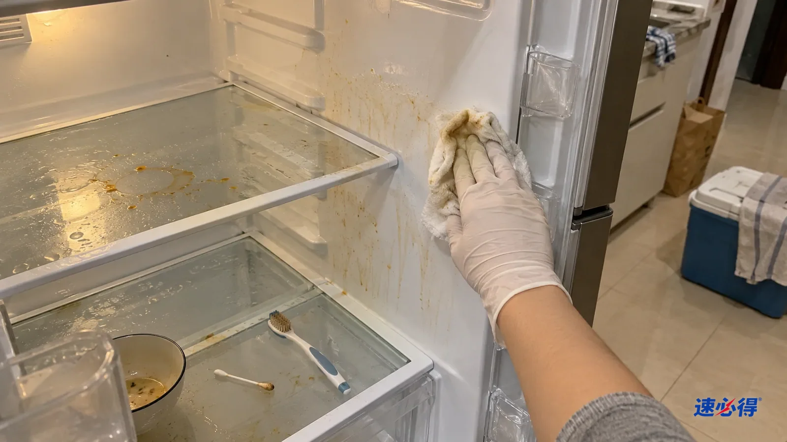 一只戴白色丁腈手套的手用湿布擦清空的冷藏室内壁，布上沾着淡黄污迹，擦过的一面干净，玻璃搁板上还有汤汁印。