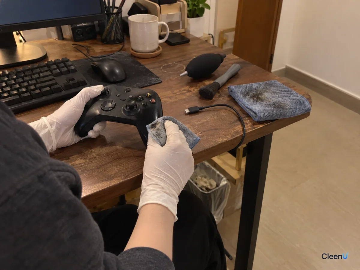 At the desk, a hand in white nitrile gloves wipes the grips of a game controller with a damp cloth, keeping clear of the charging port and button gaps, the unplugged cable set aside.