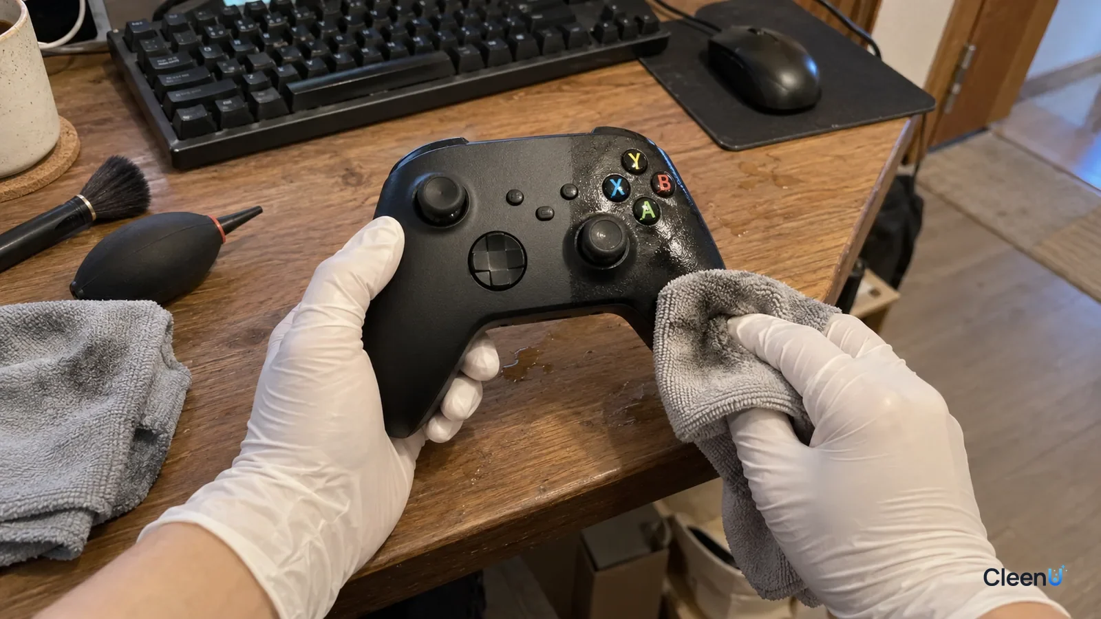 First-person close-up: a hand in white nitrile gloves wipes a game controller grip and buttons with a damp microfiber cloth; gray grime on the cloth, one side matte, the other still greasy.