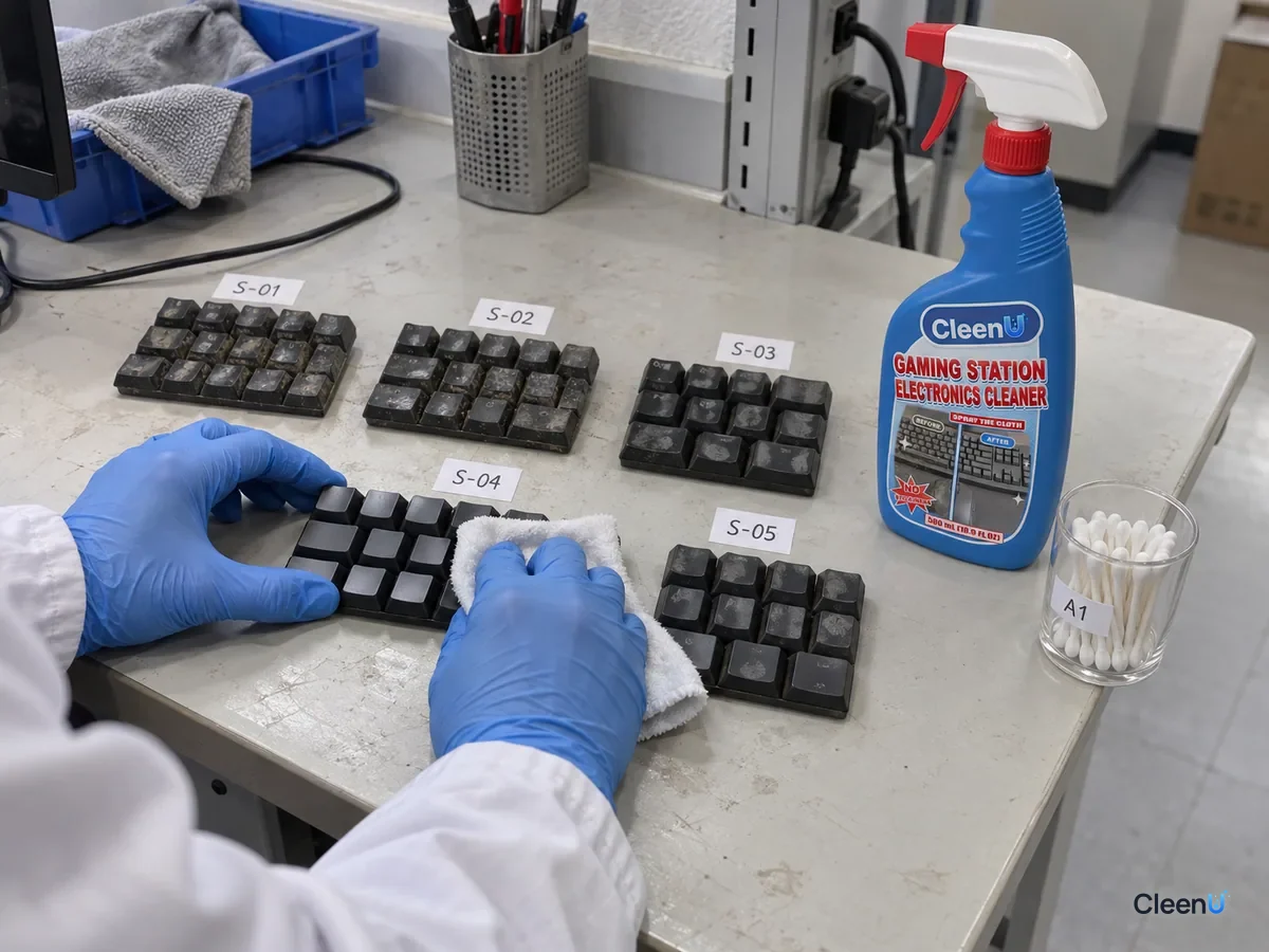 Lab bench: coded keycap sets with hand-oil marks; a technician wipes one set with a cloth sprayed with cleaner, beside CleenU Gaming Station Electronics Cleaner.