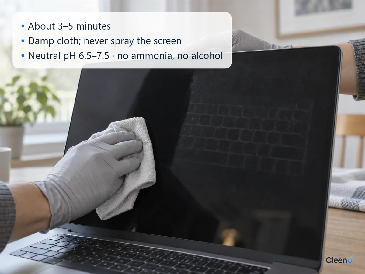 AI illustration: A gloved hand wiping keyboard marks off a laptop screen with a barely damp microfiber cloth