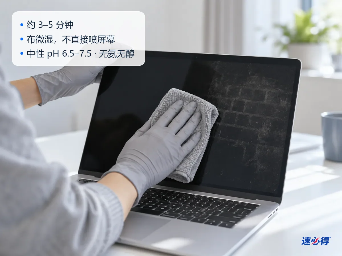 AI 示意图：戴手套的手用微湿的超细纤维布轻擦笔记本屏幕上的键盘印
