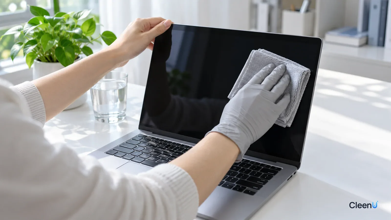 AI illustration: Hands holding a microfiber cloth, about to wipe a laptop screen that is turned off on a white desk
