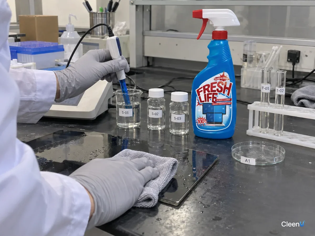 AI illustration: A screen cleaner bottle, liquid samples and measuring equipment on a laboratory bench