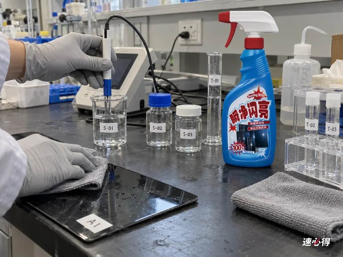 AI 示意图：实验台上的屏幕清洁剂瓶、液体样品和测量仪器