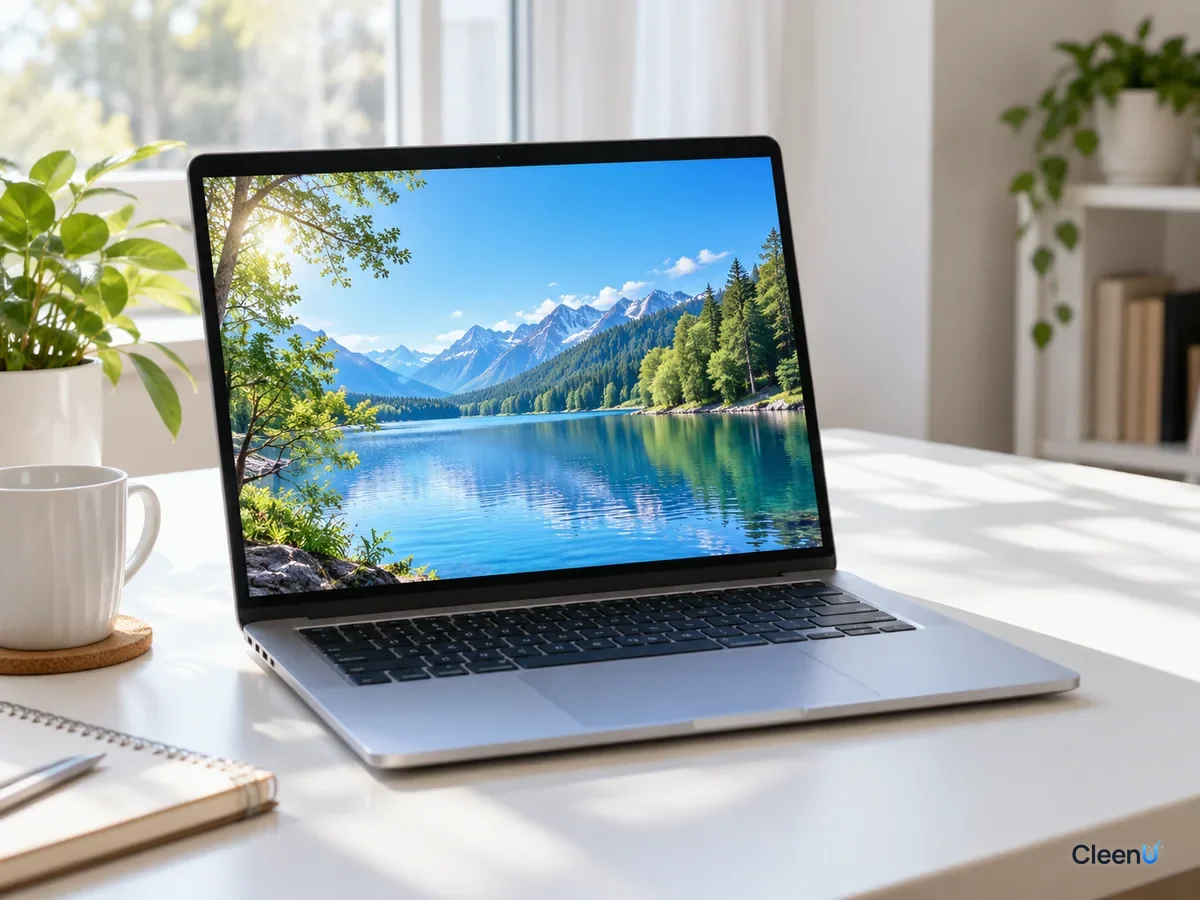 AI illustration: A clean laptop screen turned on and showing a bright image, with no keyboard marks