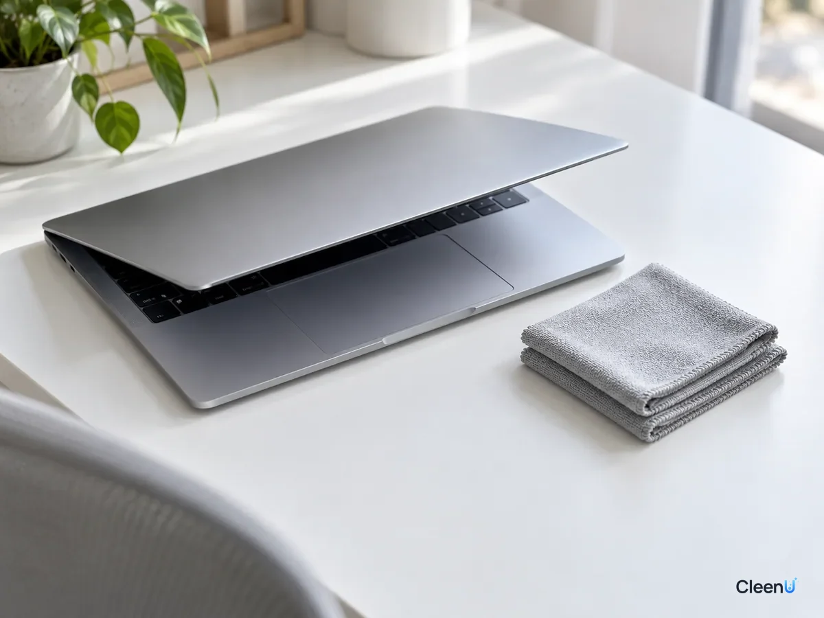 AI illustration: Two folded light gray microfiber cloths next to a laptop