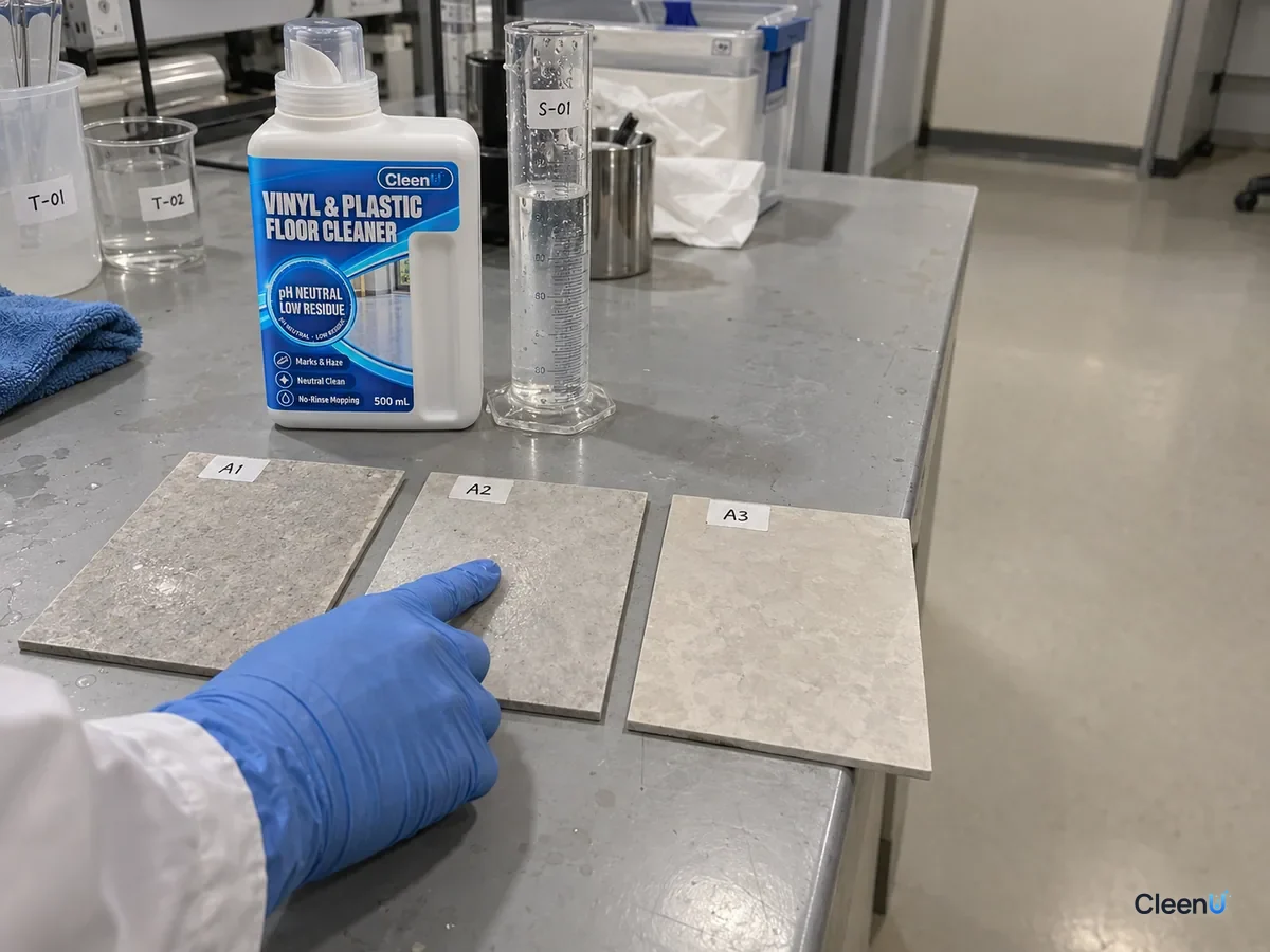 Lab bench: three coded vinyl plank panels wiped with different dilutions and dried; a technician runs a finger across them to check tackiness, beside a bottle of CleenU Vinyl & Plastic Floor Cleaner.