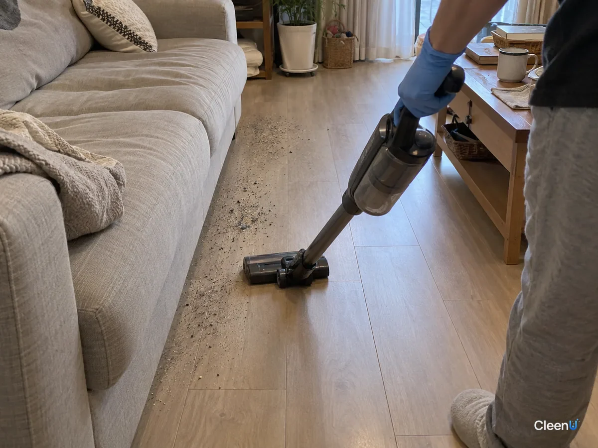 Living room floor: a hand in blue nitrile gloves pushes a vacuum along the sofa edge picking up grit, the passed strip clean while fine sand still dots the floor ahead.