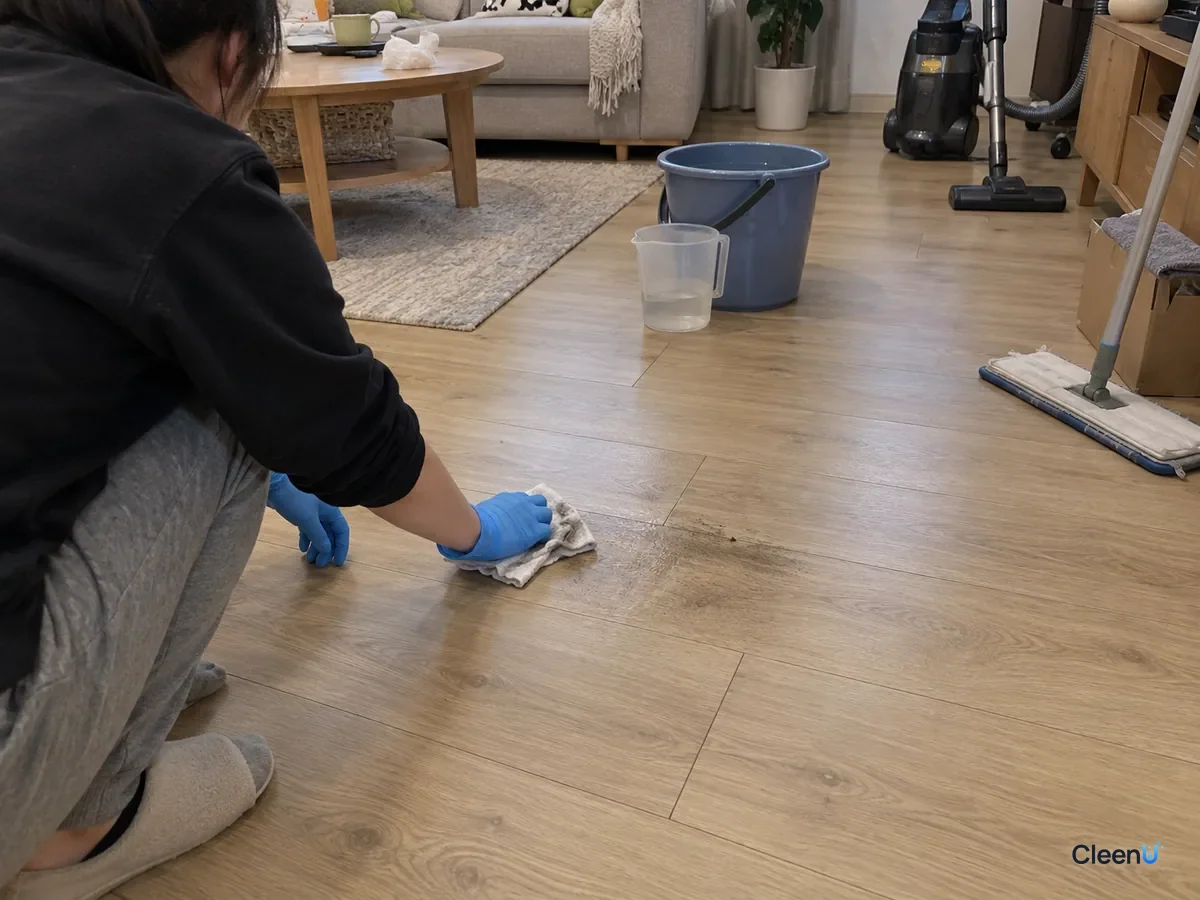 From a step away, a crouching person, back only, in blue nitrile gloves wipes a dried spot by an SPC plank seam with a damp cloth; gray on the cloth, a nearby spot still dull.