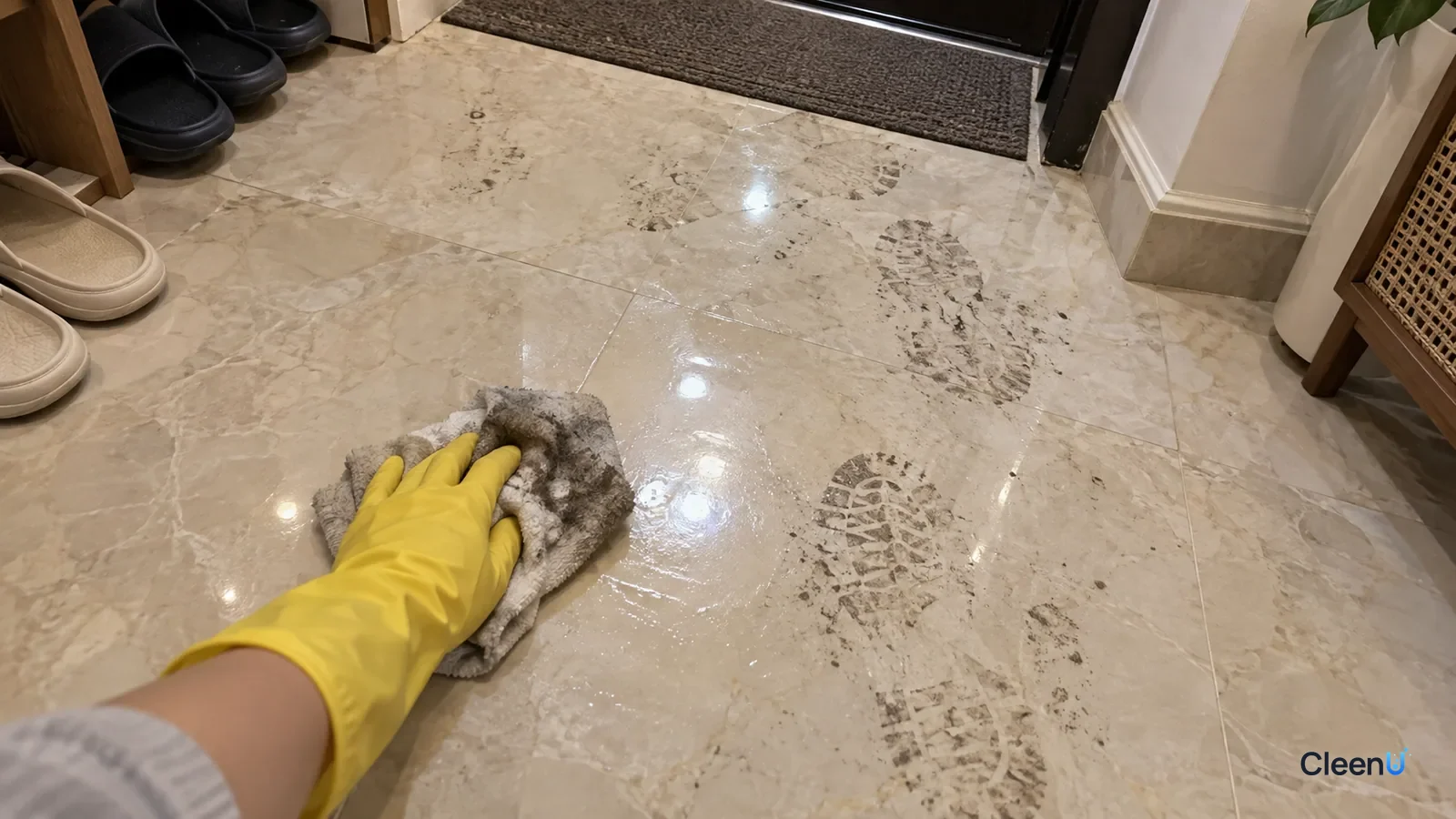 First-person: a yellow rubber-gloved hand wipes gray footprints off polished marble in the entry with a wrung soft cloth, now grayed; one patch evenly glossy, prints beside it, slippers nearby.