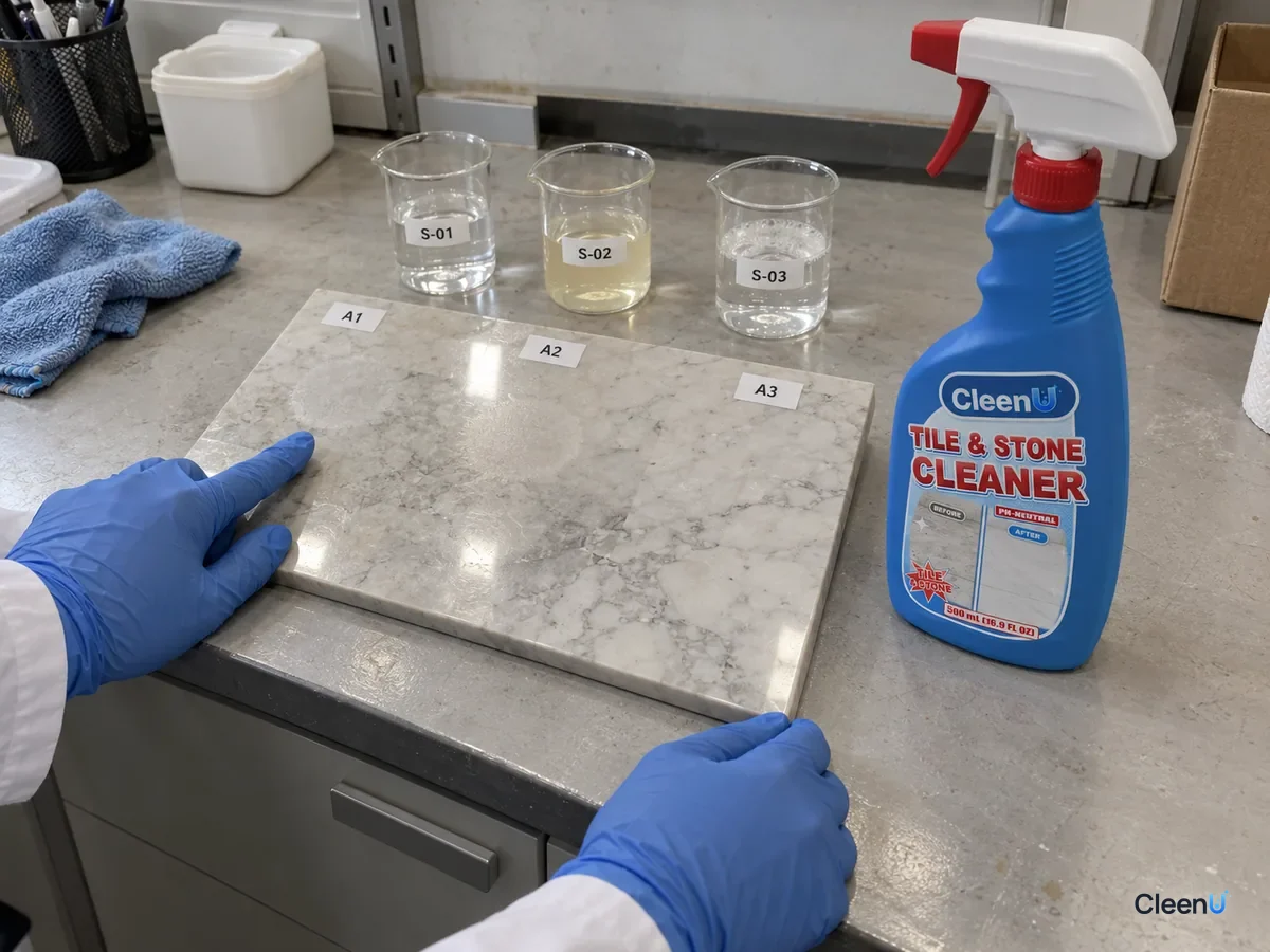Lab bench: a coded polished marble panel spotted with vinegar, lemon juice, and neutral cleaner; once wiped, the acid spots show dull rings in side light, beside CleenU Tile & Stone Cleaner.