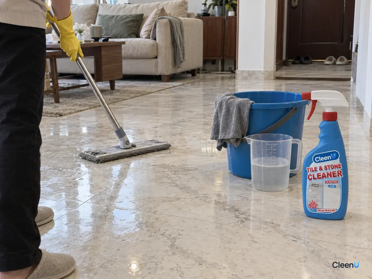 From a step back: a yellow rubber-gloved hand pushes a wrung flat mop over marble, the mopped strip still slightly damp, a measuring cup and capped CleenU Tile & Stone Cleaner by the bucket.
