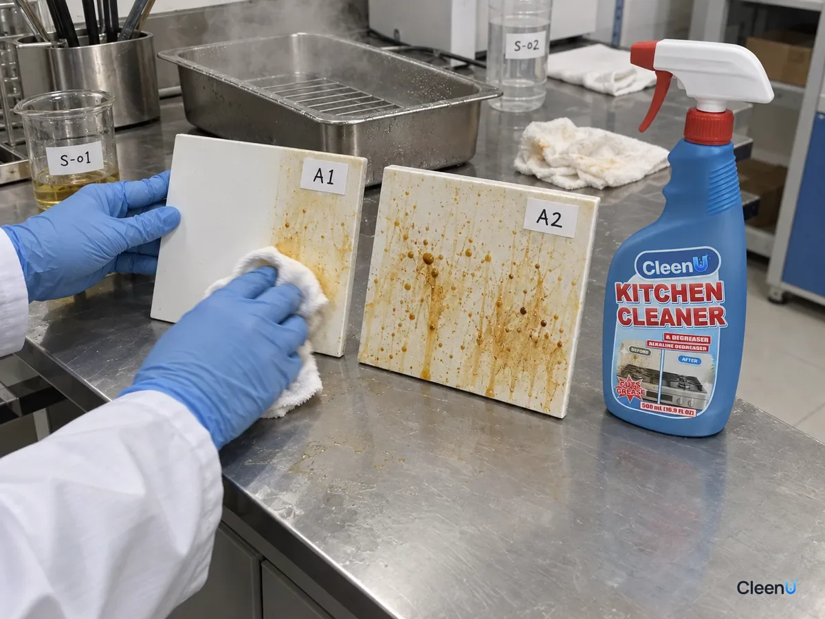 Lab bench: two coded white liner panels with baked grease spots; the steamed one wipes clean easily as a technician wipes it, beside CleenU Kitchen Cleaner & Degreaser.