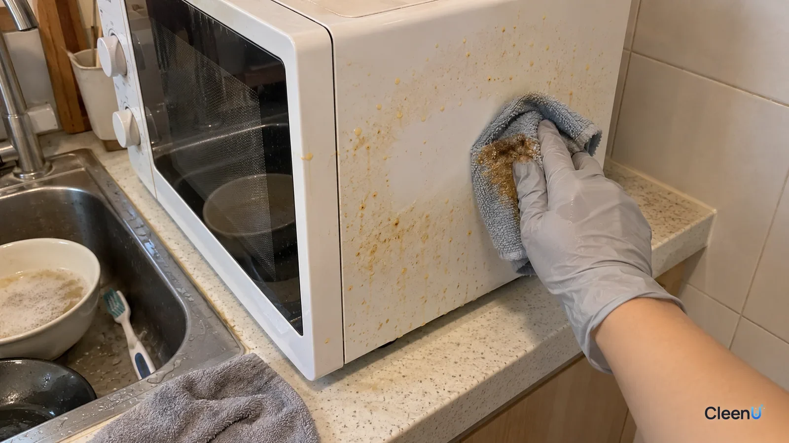 Light grey nitrile-gloved hand wiping yellow grease spots off a microwave side wall with damp microfiber, yellow-brown on the cloth, one patch white, spots still beside