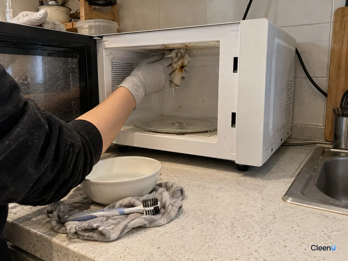 Same microwave later: grey-gloved hand wiping the cavity ceiling with a damp cloth, yellow-brown grease specks on the cloth, the wiped ceiling now clean